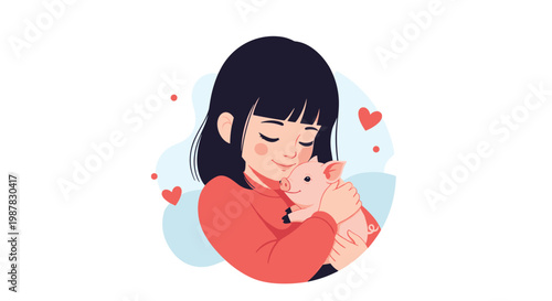 Happy young girl with black hair gently hugs a small pink piglet in a circle with floating red hearts for animal love themes.