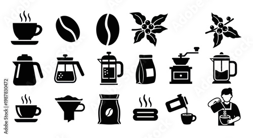 Coffee Icons Set: Beans, Plants, Grinder, French Press, Bags, Cups, Brewer, Barista