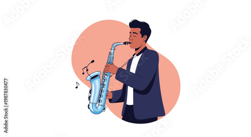 Talented musician in a suit plays a blue saxophone while musical notes float in the air against a soft pink oval background.