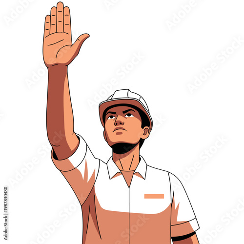 A construction worker raises a hand in solidarity. Bold illustration promoting equality. Modern, graphic style. Strong composition.