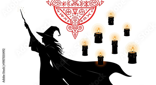 Witch casting spell with magic wand and candles, mystical symbols