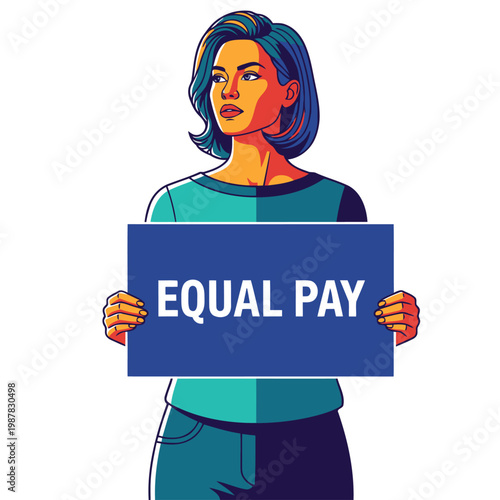 A determined woman holds a sign demanding equal pay. Bold graphic illustration with vibrant colors. Perfect for campaigns promoting gender equality and workplace fairness.