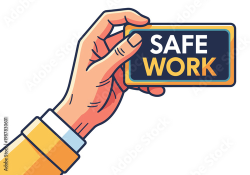 A hand holds a 'SAFE WORK' card, emphasizing safety and protection. Bright colors and a clean design create a professional and trustworthy visual. Suitable for business and safety campaigns.