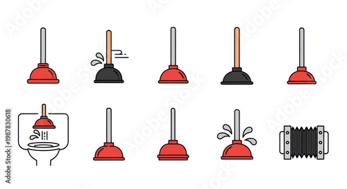 Plunger Collection: Various Types and Actions for Cleaning and Plumbing