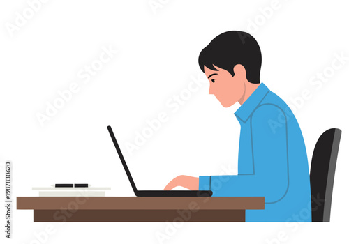 A young man intently works on a laptop at his desk. Focused expression, modern workspace. Illustration style.