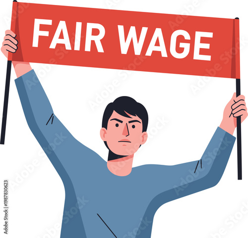 A man holds a sign reading 'Fair Wage,' advocating for labor demand. Bold text on a red banner against an orange background. Illustrative style.