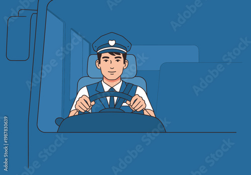 A professional bus driver operates a vehicle, showcasing Driver Bus Labor Service. Clear, modern illustration with a focus on reliability and service.