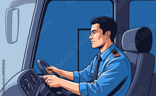 A professional bus driver operates a large vehicle, focused and alert.  Clear, modern illustration style. Ideal for transportation, service, or labor themes.