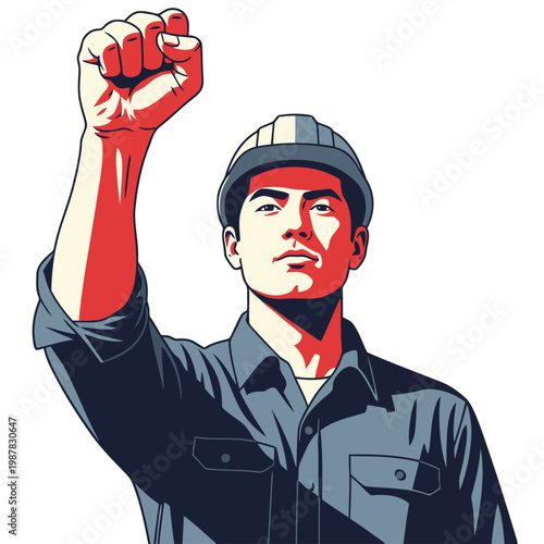Photos A powerful illustration features a construction worker with a raised fist, wearing a hard hat and overalls