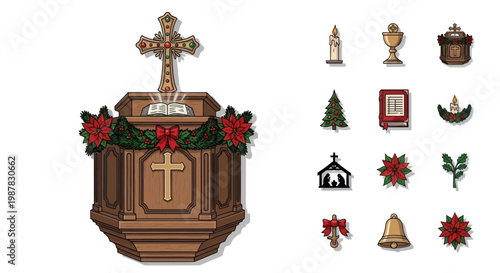 Christmas Pulpit with Cross and Festive Decorations, Religious Icons Collection