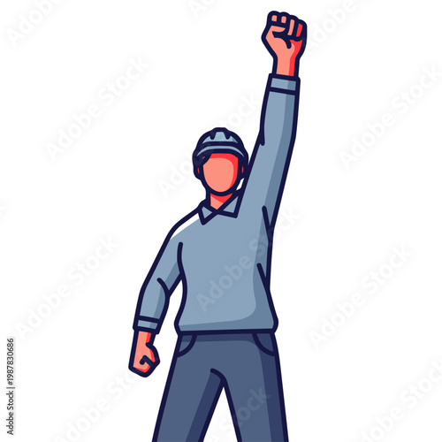 A stylized illustration features a worker raising a fist in solidarity, advocating for labor rights. Bold colors and graphic style create a powerful visual statement.