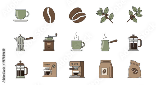 Coffee Icons Set: Beans, Cups, Grinder, Machines, Brew Tools, and Plant Elements
