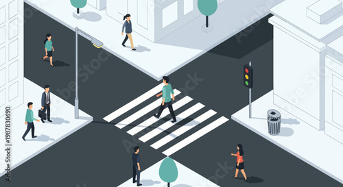 People Crossing City Street Intersection.