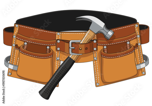 A tool belt worker holds a hammer, showcasing a skilled labor aesthetic.  Detailed leather belt with pockets, perfect for commercial use and illustrations.
