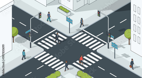 People Crossing City Street Intersection.