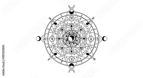 Esoteric Astrology Wheel with Moon Phases and Zodiac Signs
