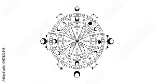 Esoteric Zodiac Wheel with Moon Phases and Runes