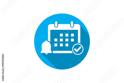 Blue Calendar Icon With Reminder Bell and Check Mark for Schedule and Appointment Management