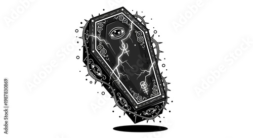Gothic Coffin with Eye and Lightning Illustration