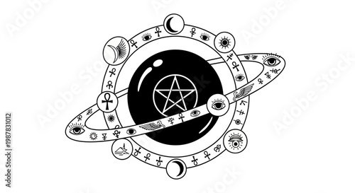 Mystical celestial orbit with pentagram, ankh, moon, and eyes symbols