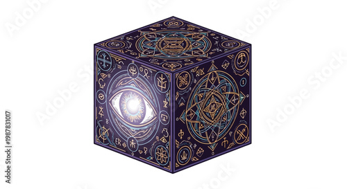 Mystical cube with eye and occult symbols, esoteric concept