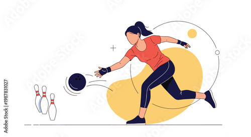 Active young woman playing bowling and throwing a heavy ball toward pins during a fun game session with friends or family.