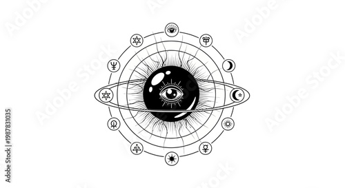 Mystical Eye Symbol with Celestial Orbits and Astrological Signs