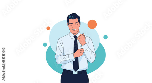 Successful businessman getting ready for a meeting while adjusting his cufflinks on a white shirt in a minimalist style.