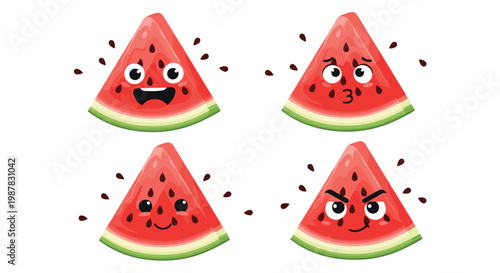 Set of cute watermelon slices with various funny emoji expressions including happy, kissing, smiling, and angry faces on white.