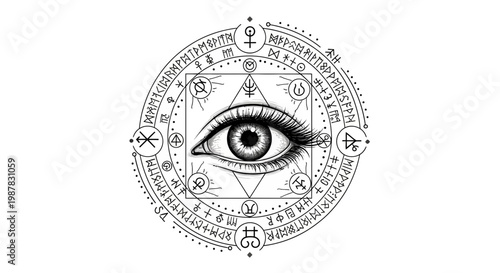Mystical eye within alchemical circle, occult symbols, esoteric knowledge, divination