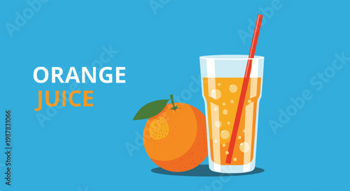 Fresh orange juice in a tall glass with a red straw served next to a whole citrus fruit on a vibrant blue background.
