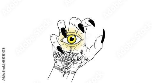 Mystical hand with all-seeing eye and occult symbols