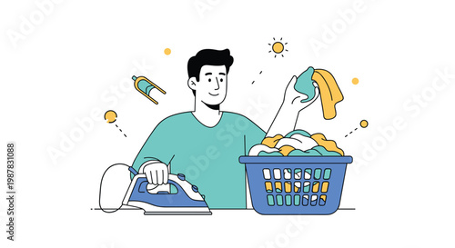 Young man doing household chores by ironing clean clothes next to a full laundry basket in a bright and modern environment.