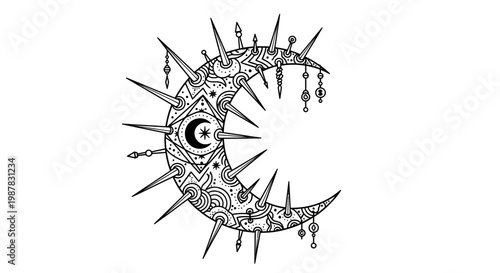 Ornate crescent moon with spikes and celestial patterns, black and white