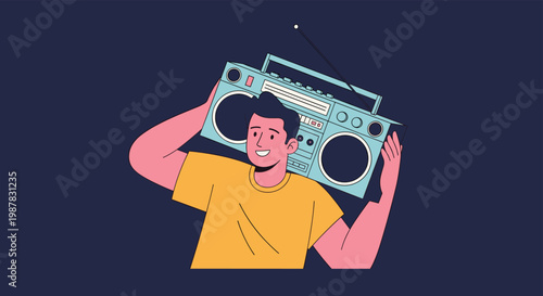 Energetic young man holding a vintage retro boombox tape recorder on his shoulder while listening to music and smiling.
