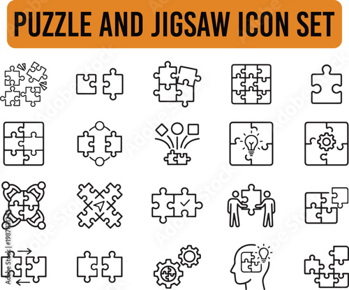 Puzzle and Jigsaw Icon Set – Problem Solving, Teamwork and Connection Vector Symbols Collection