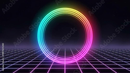 Neon circle on grid background.