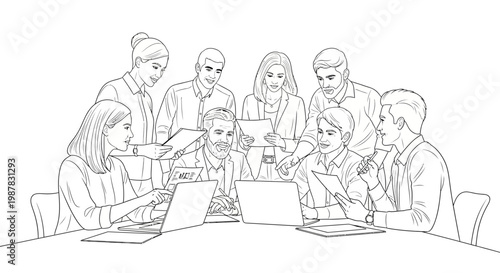 Diverse business team collaborating around a table with laptops and papers