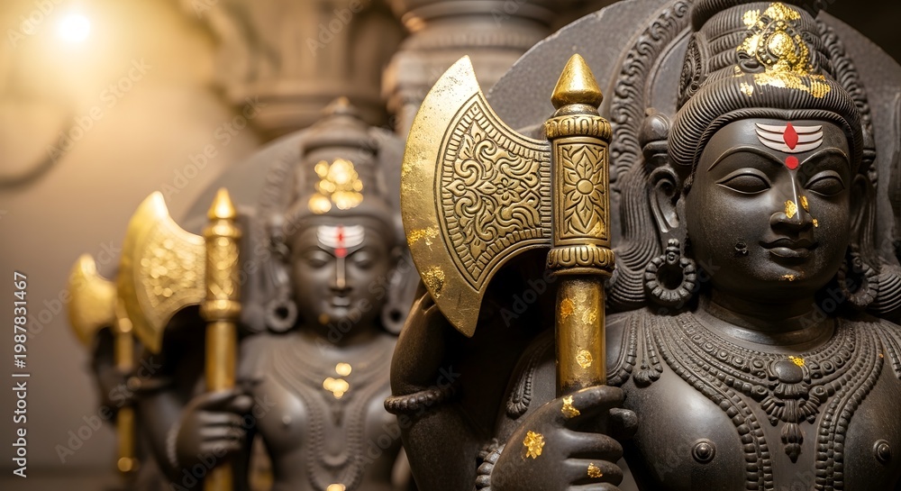 Fototapeta premium Hindu Lord Vishnu Dashavatara Parashurama Stone Idol with Golden Axe