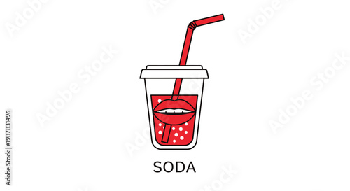Graphic illustration of a plastic soda cup with a red drink bubbles and a pair of red lips on the side with a straw.