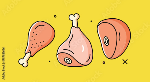 Set of meat icons including a ham piece and a chicken drumstick arranged on a bright yellow background in flat style.