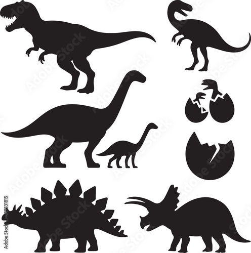 Vector illustration of dinosaur silhouette including Stegosaurus, Brontosaurus, Velociraptor, Triceratops, Tyrannosaurus rex, and Spinosaurus.
