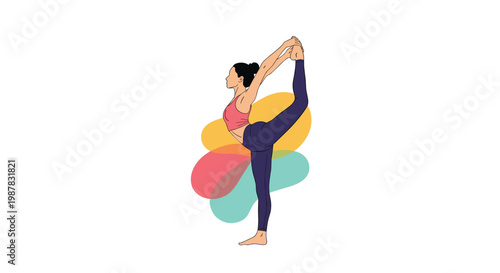 Young woman practicing a challenging yoga pose for balance and flexibility against a colorful abstract background.