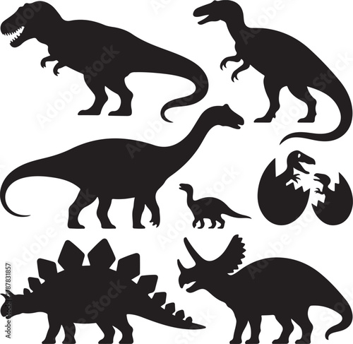 Vector illustration of dinosaur silhouette including Stegosaurus, Brontosaurus, Velociraptor, Triceratops, Tyrannosaurus rex, and Spinosaurus.