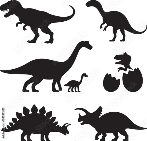 Vector illustration of dinosaur silhouette including Stegosaurus, Brontosaurus, Velociraptor, Triceratops, Tyrannosaurus rex, and Spinosaurus.