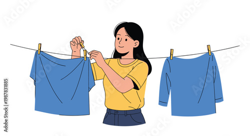 Young woman hanging blue wet clothes on a laundry line with wooden pins outdoors on a bright and sunny day.