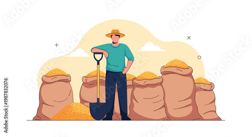 Hardworking farmer standing with a shovel next to many large bags full of harvested golden grain in the field.
