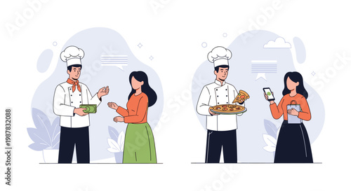 Two scenes showing a professional chef in a white uniform interacting with a customer including payment and pizza delivery.