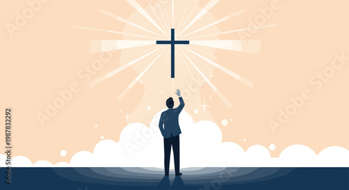 Silhouette of a man in a suit looking up towards a glowing christian cross in a bright sky filled with heavenly light and clouds.