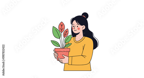 Young woman wearing a yellow sweater and holding a small potted plant with green and reddish leaves against a white background.